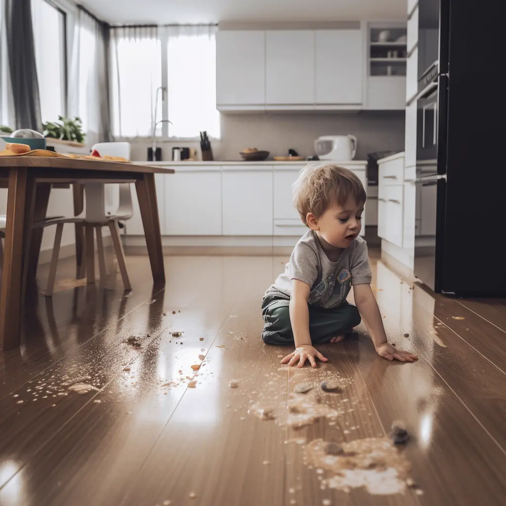 child making a mess on hardwoof floor